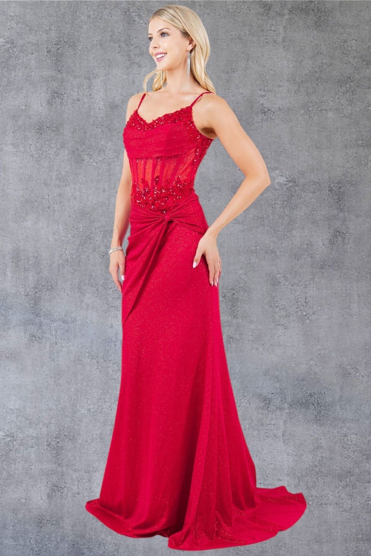 Glitter Corset Gown with Floral Appliqué - 8254J