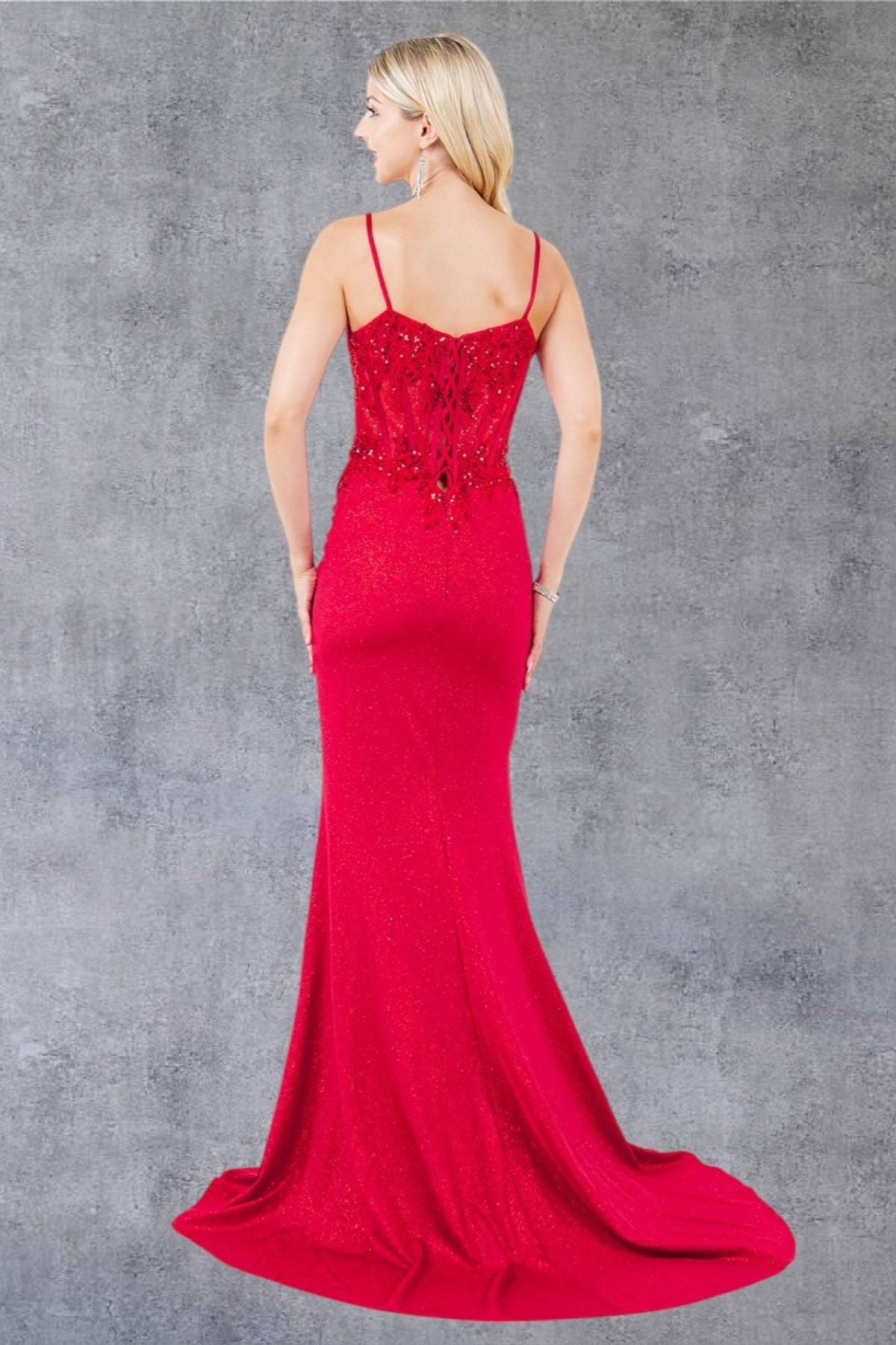Glitter Corset Gown with Floral Appliqué - 8254J