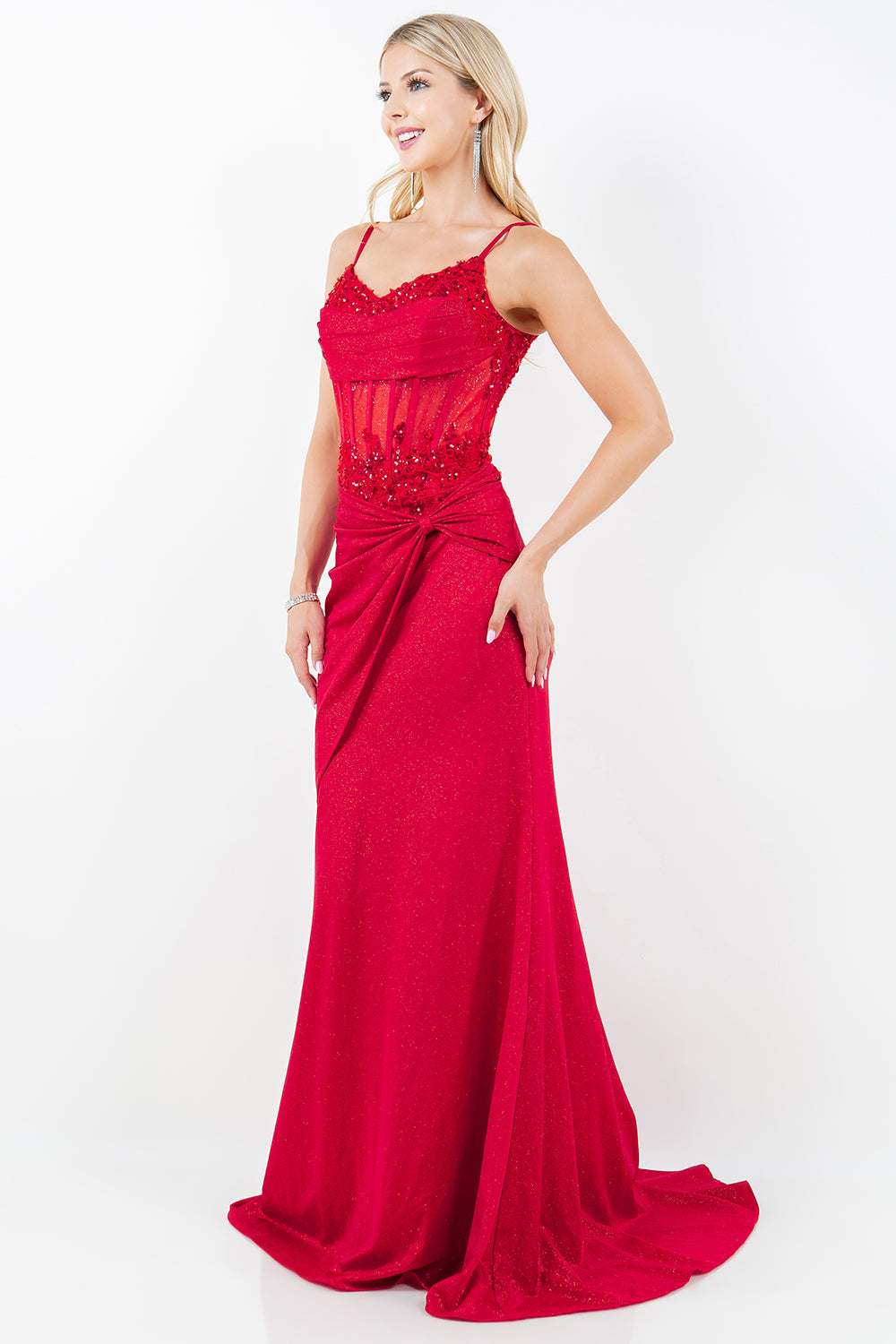 Glitter Corset Gown with Floral Appliqué - 8254J