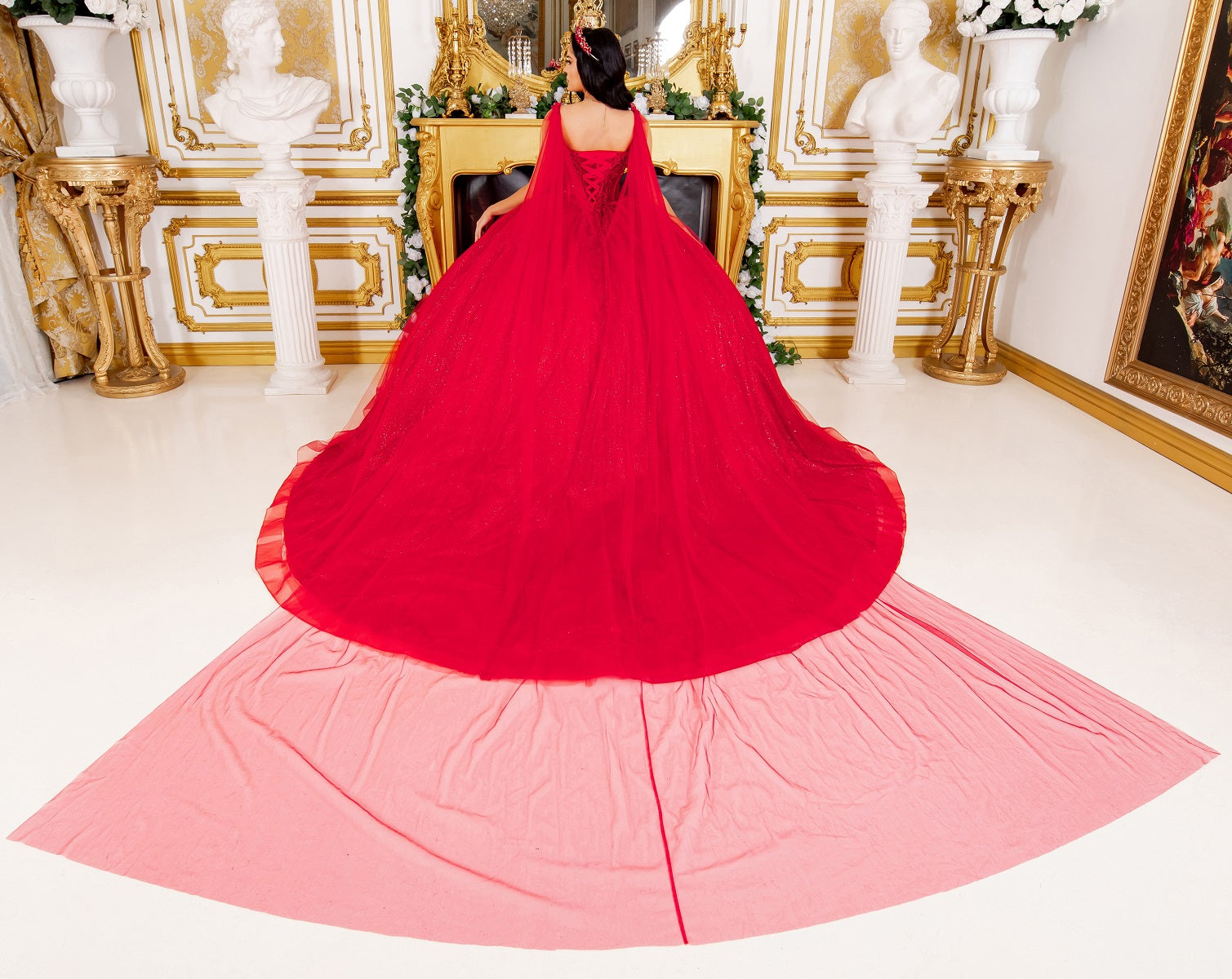 Dramatic Sequin Embellished Quinceañera Ball Gown with Sheer Cape - 8270J