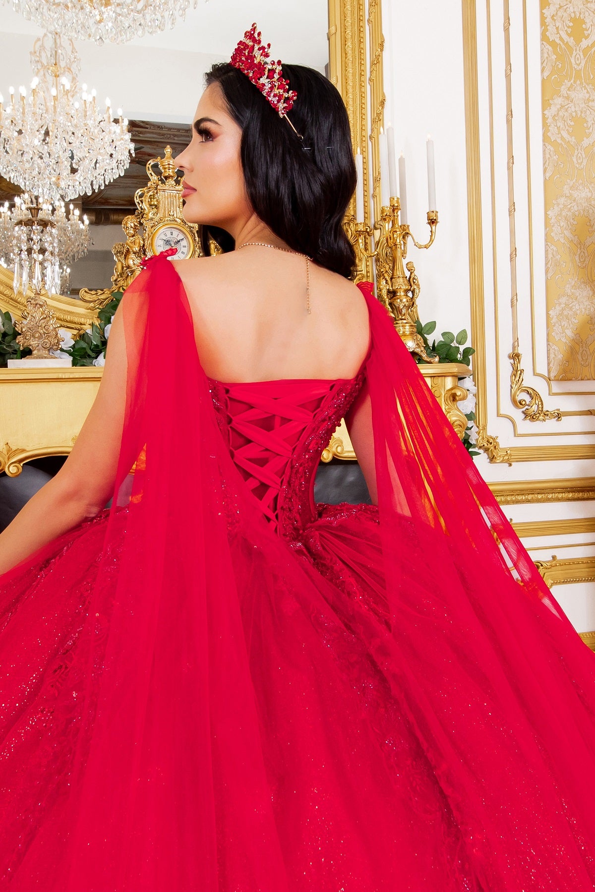 Dramatic Sequin Embellished Quinceañera Ball Gown with Sheer Cape - 8270J
