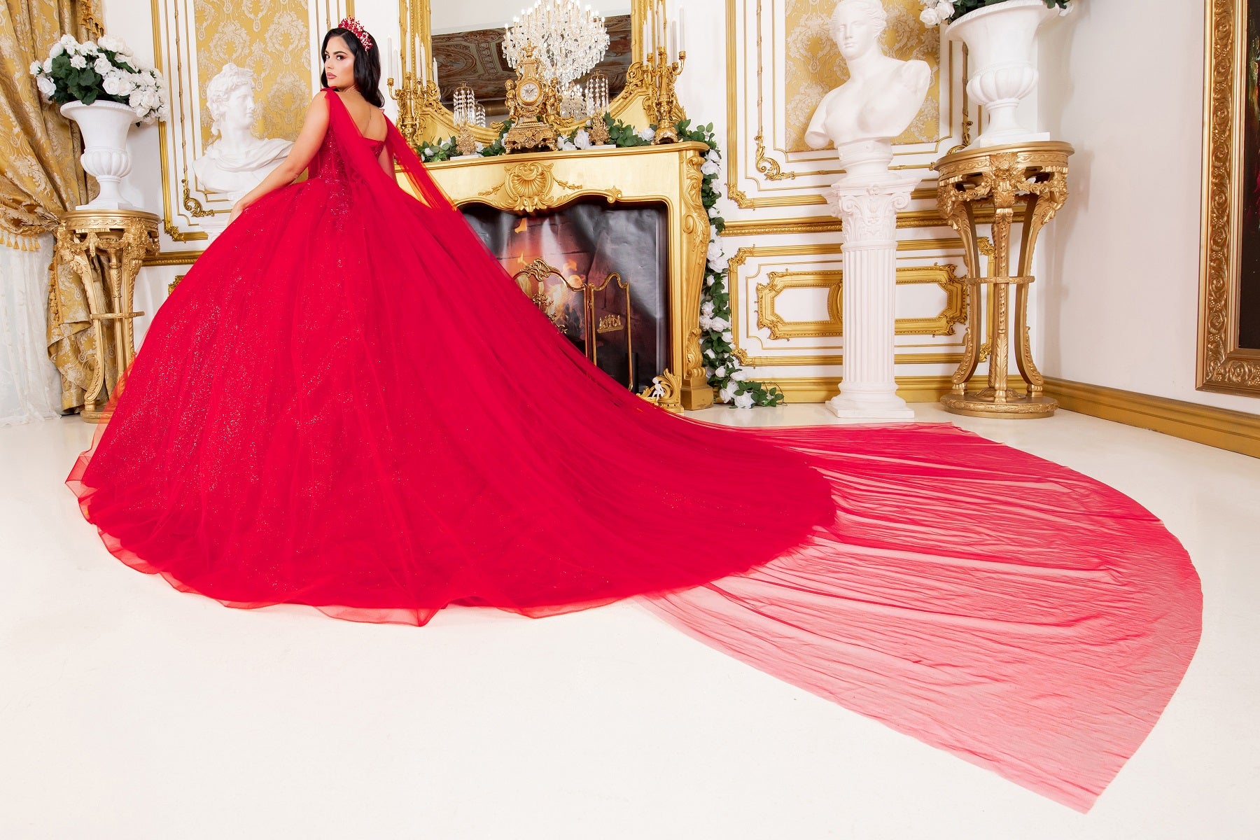 Dramatic Sequin Embellished Quinceañera Ball Gown with Sheer Cape - 8270J