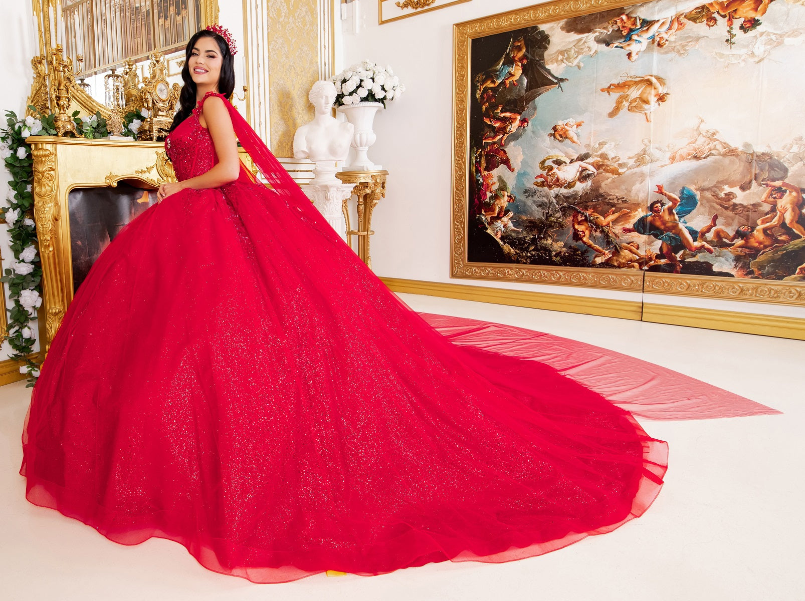 Dramatic Sequin Embellished Quinceañera Ball Gown with Sheer Cape - 8270J
