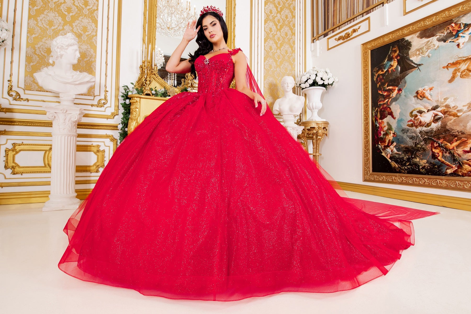 Dramatic Sequin Embellished Quinceañera Ball Gown with Sheer Cape - 8270J