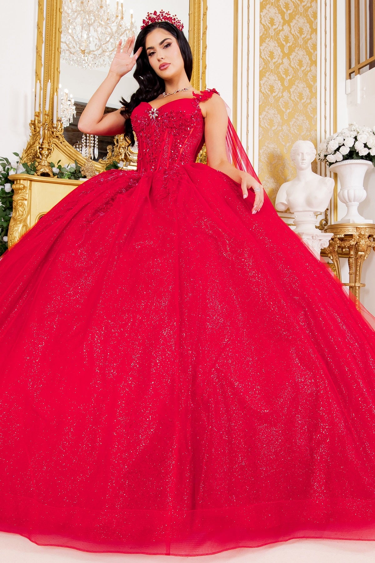 Dramatic Sequin Embellished Quinceañera Ball Gown with Sheer Cape - 8270J