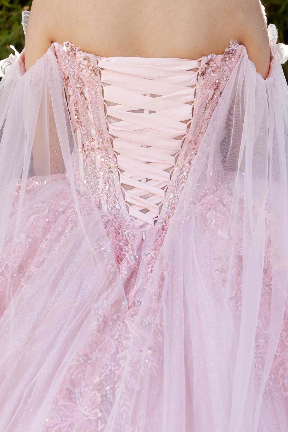 Dramatic Sequin Embellished Quinceañera Ball Gown with Sheer Cape - 8270J