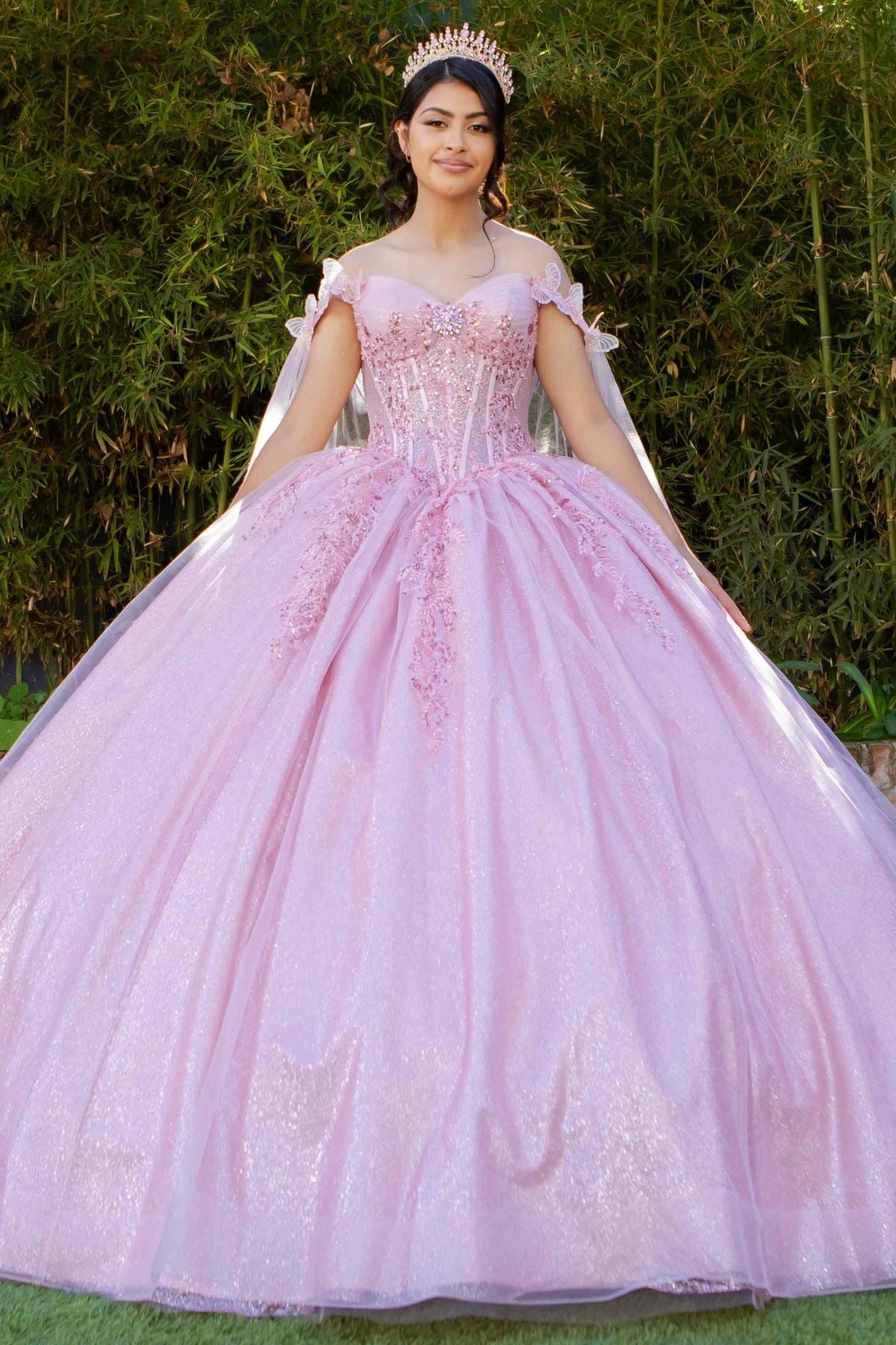 Dramatic Sequin Embellished Quinceañera Ball Gown with Sheer Cape - 8270J