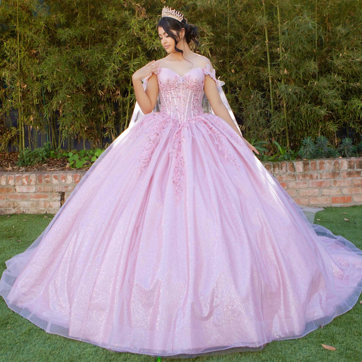 Dramatic Sequin Embellished Quinceañera Ball Gown with Sheer Cape - 8270J