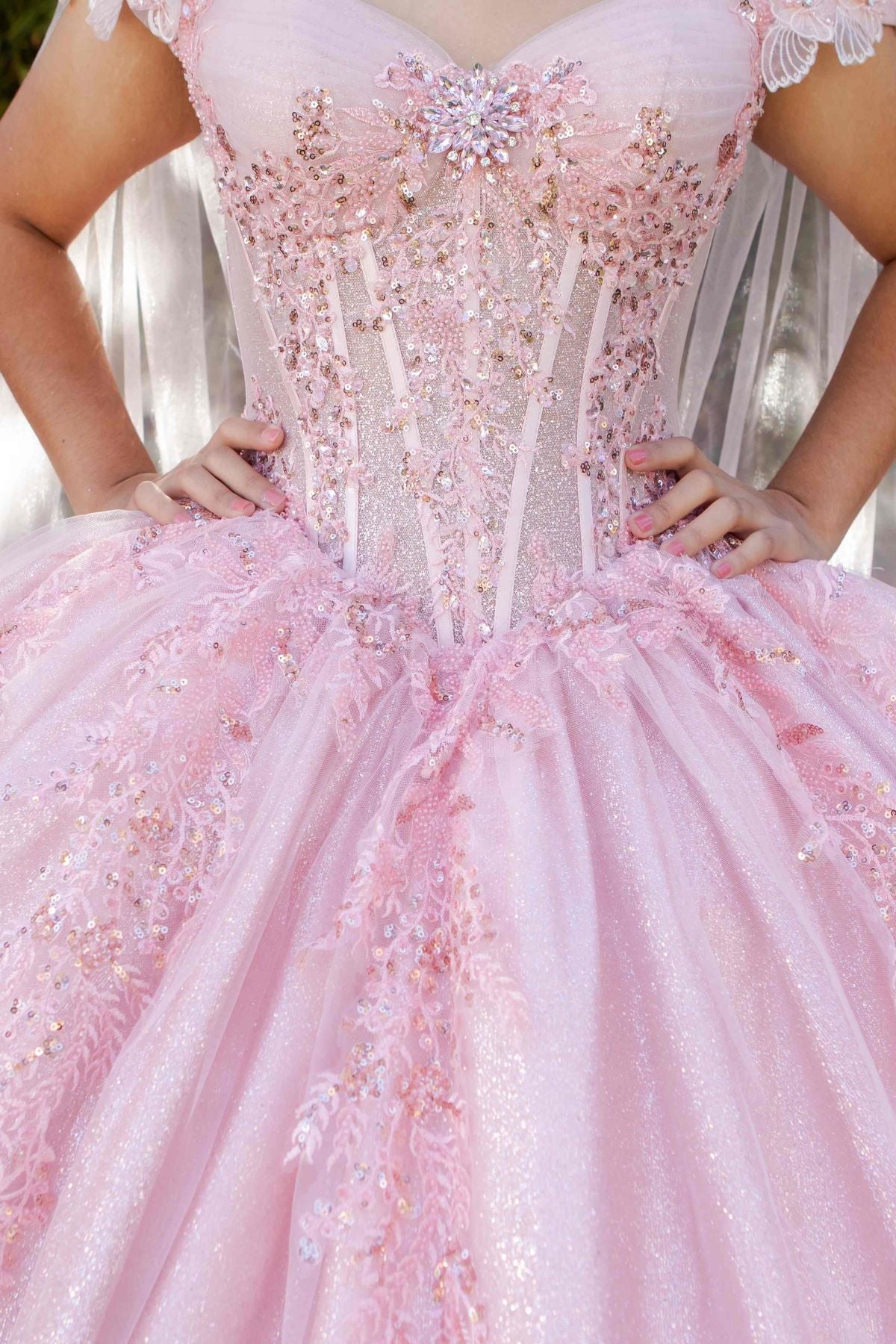 Dramatic Sequin Embellished Quinceañera Ball Gown with Sheer Cape - 8270J