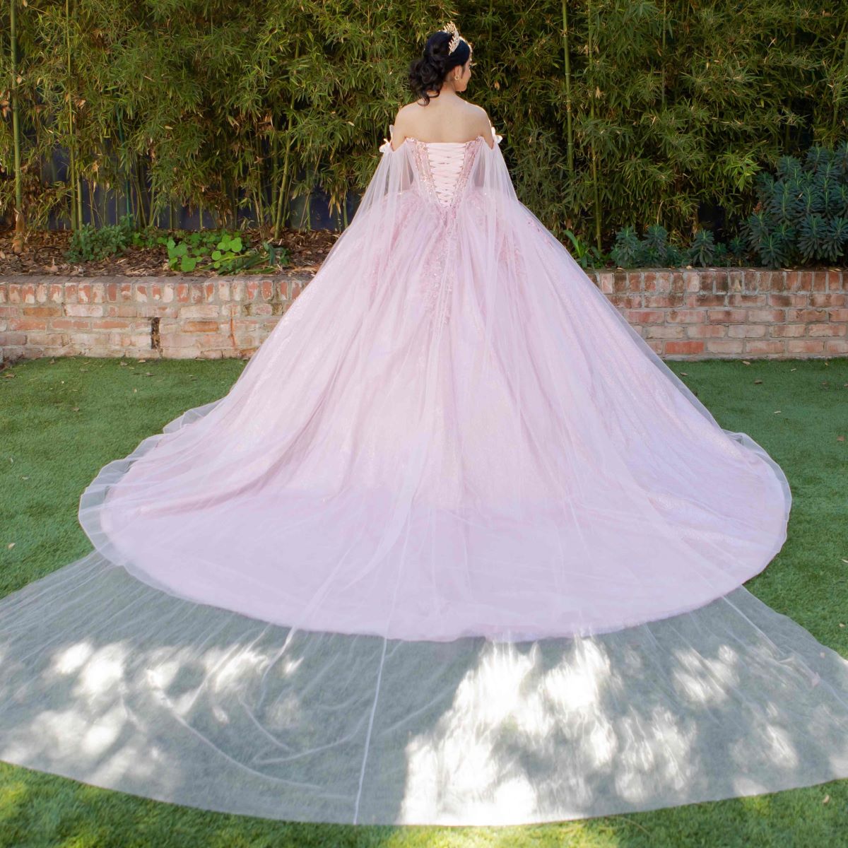 Dramatic Sequin Embellished Quinceañera Ball Gown with Sheer Cape - 8270J