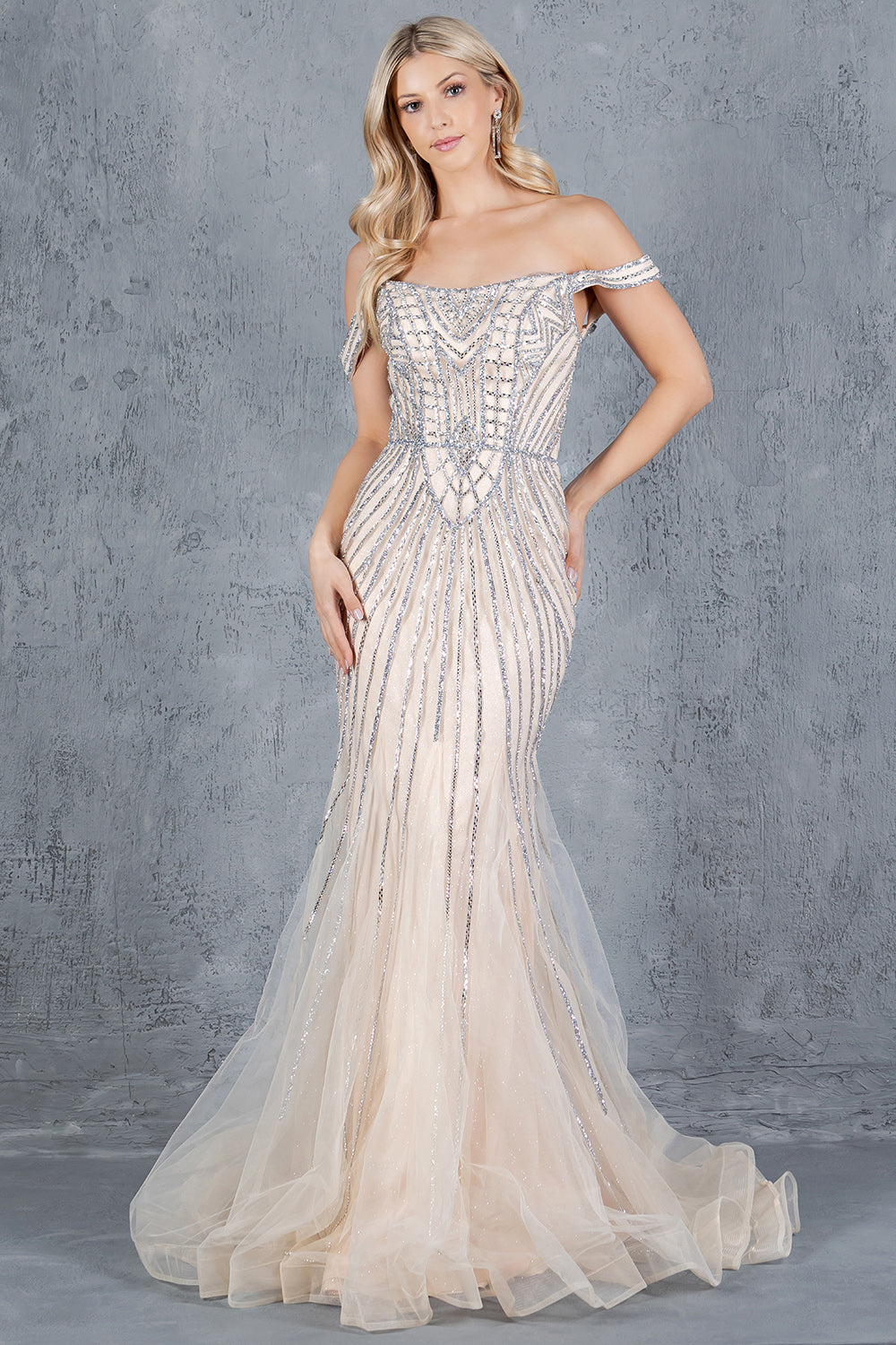 Beaded Off-Shoulder Tulle Gown – Style 8271J