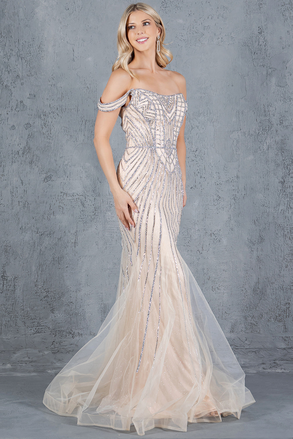 Beaded Off-Shoulder Tulle Gown – Style 8271J