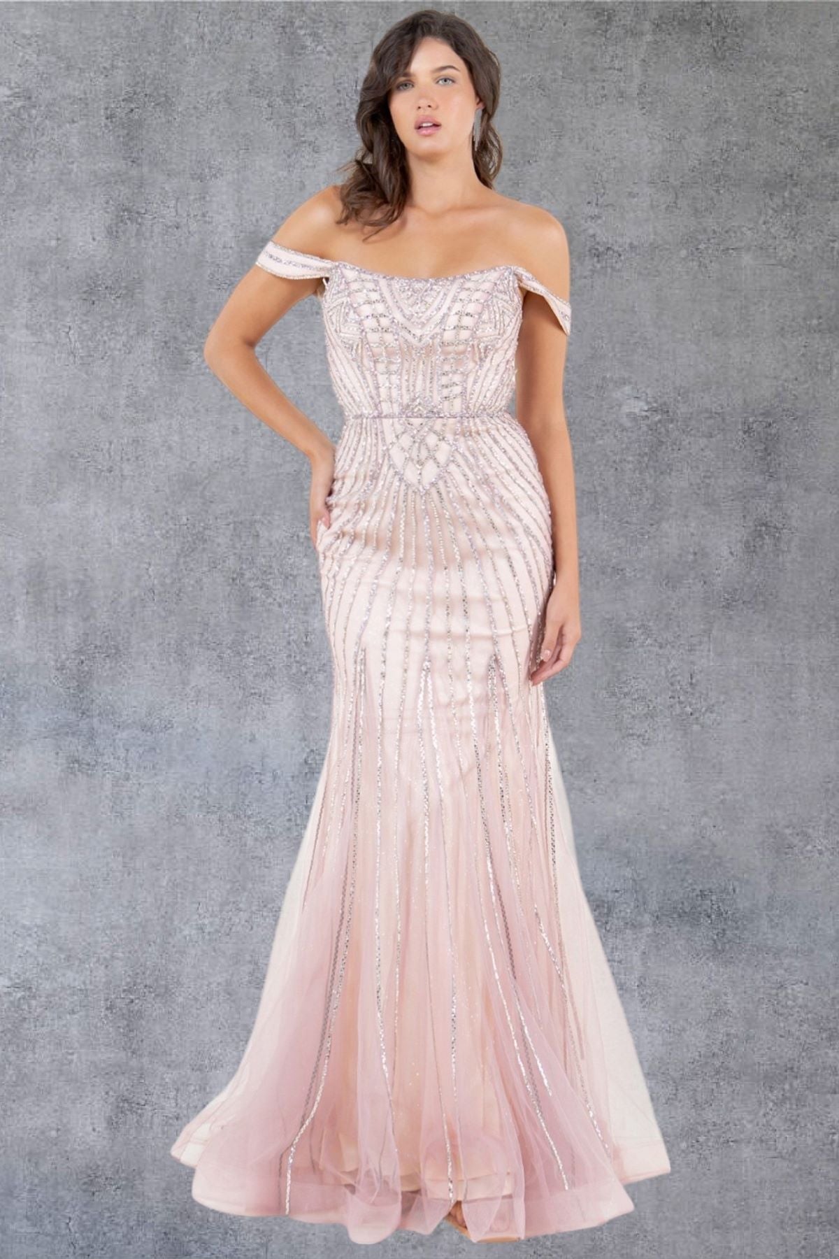 Beaded Off-Shoulder Tulle Gown – Style 8271J