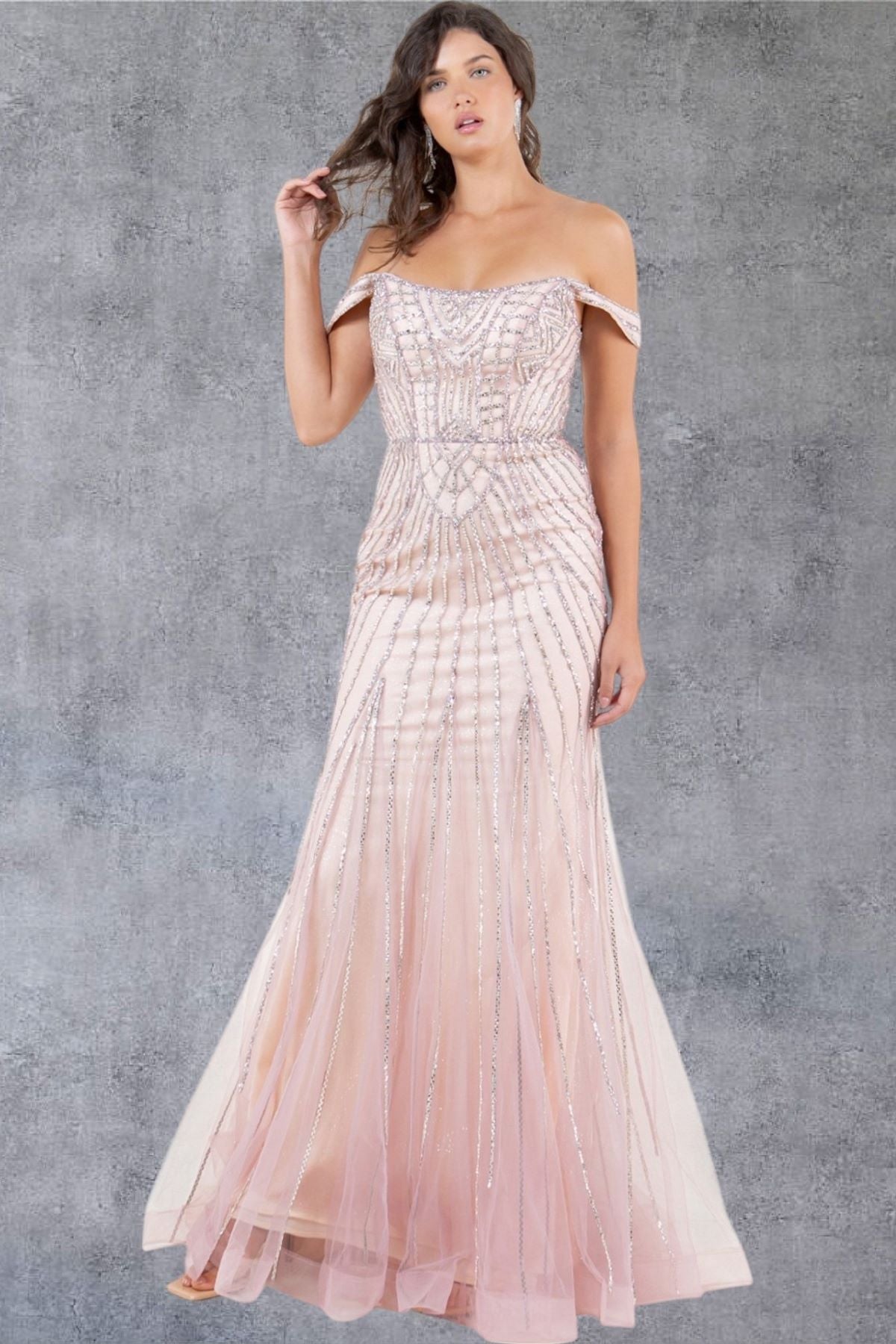 Beaded Off-Shoulder Tulle Gown – Style 8271J
