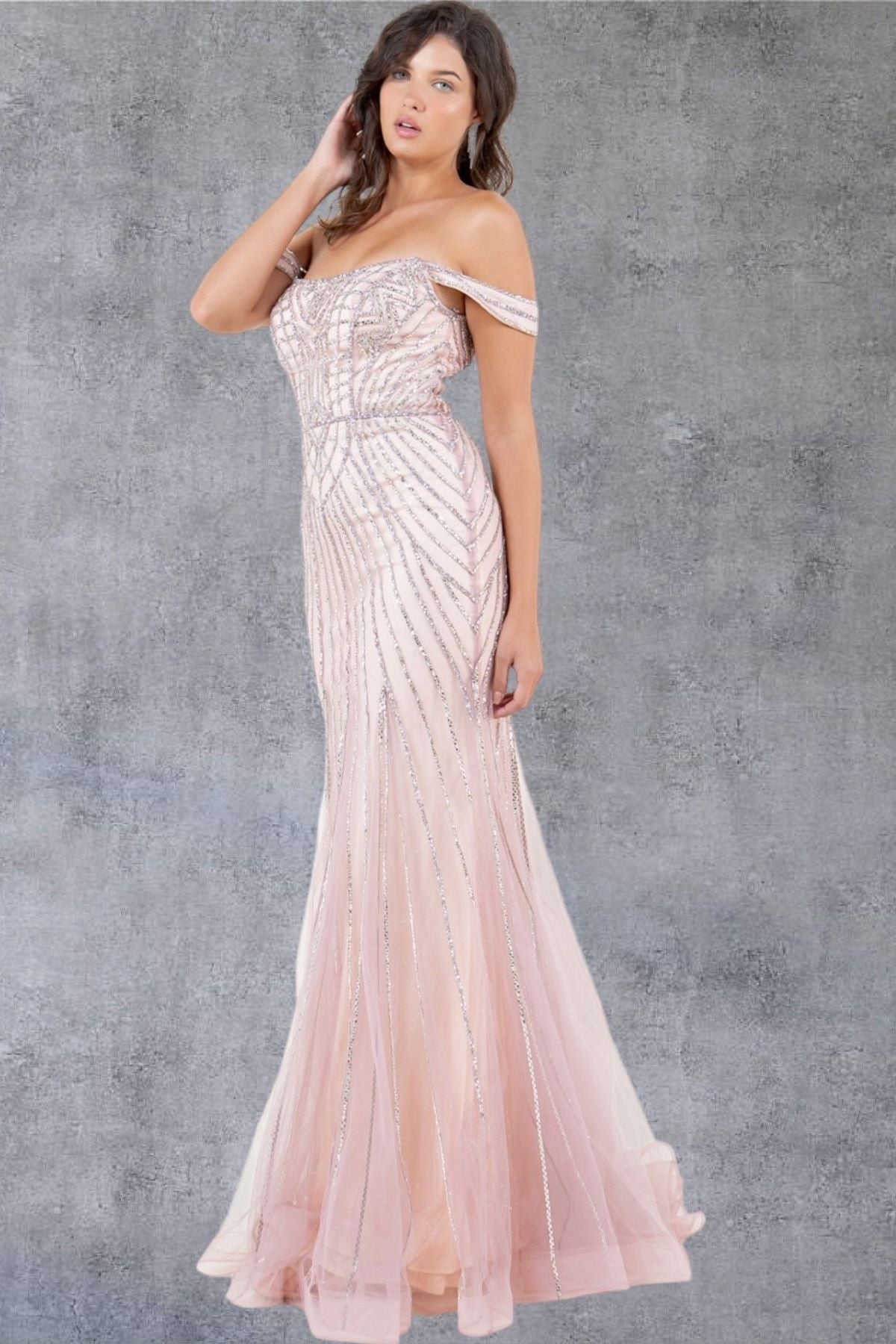 Beaded Off-Shoulder Tulle Gown – Style 8271J