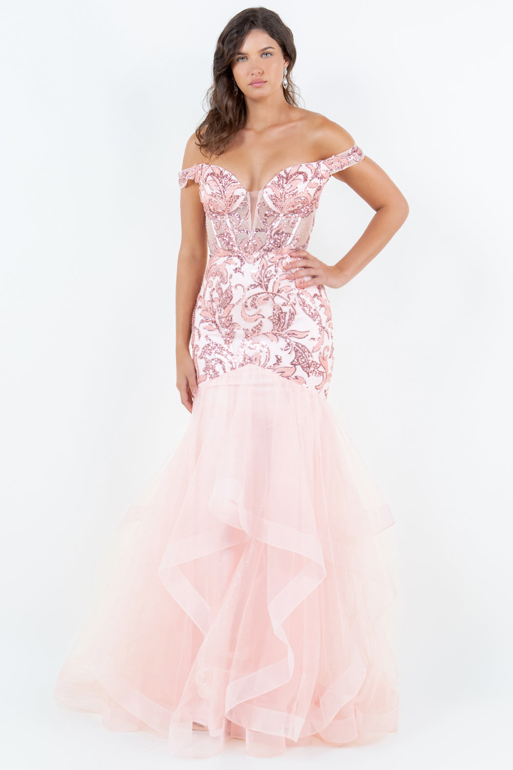 Sequin Embroidered Mermaid Gown, Off-the-Shoulder Elegance - 8274J