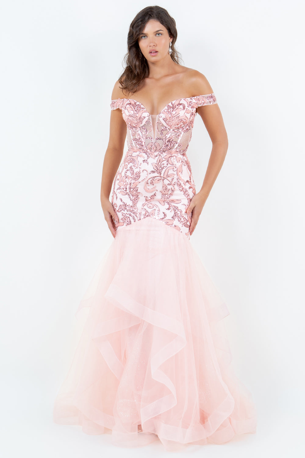 Sequin Embroidered Mermaid Gown, Off-the-Shoulder Elegance - 8274J