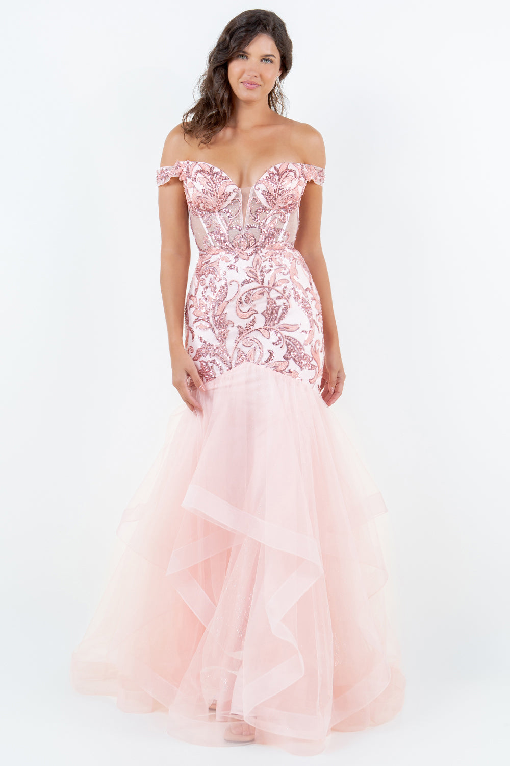 Sequin Embroidered Mermaid Gown, Off-the-Shoulder Elegance - 8274J