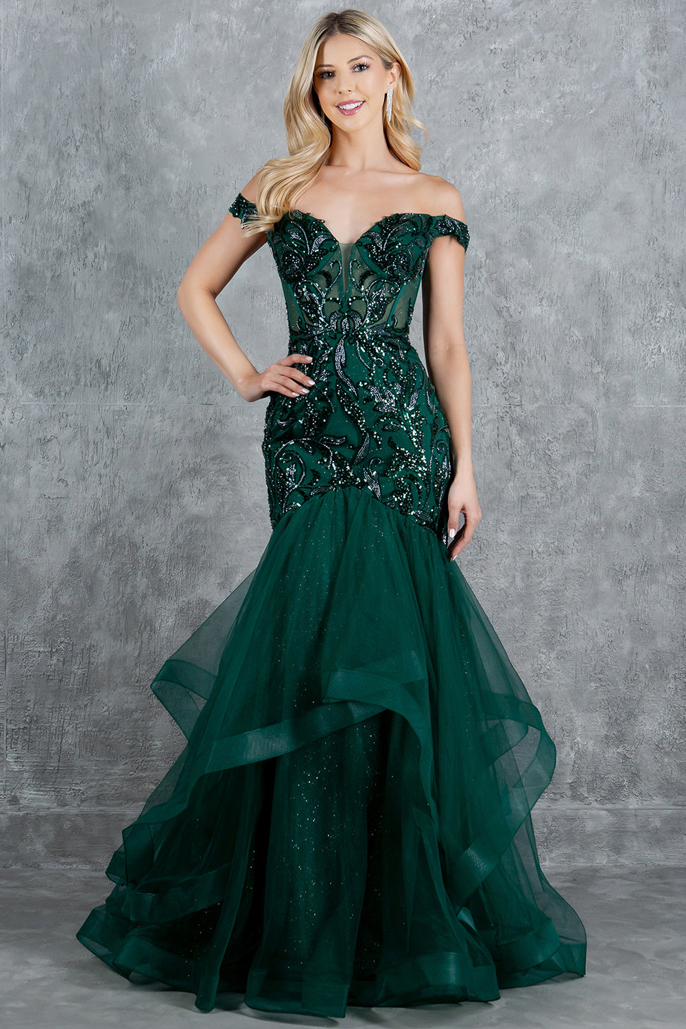 Sequin Embroidered Mermaid Gown, Off-the-Shoulder Elegance - 8274J