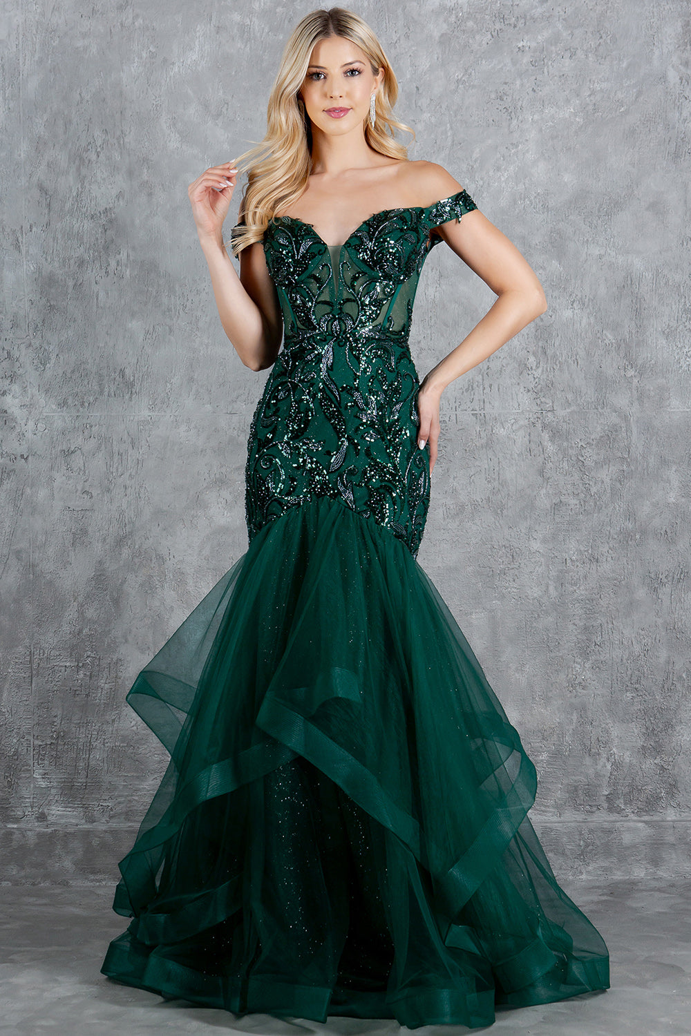 Sequin Embroidered Mermaid Gown, Off-the-Shoulder Elegance - 8274J