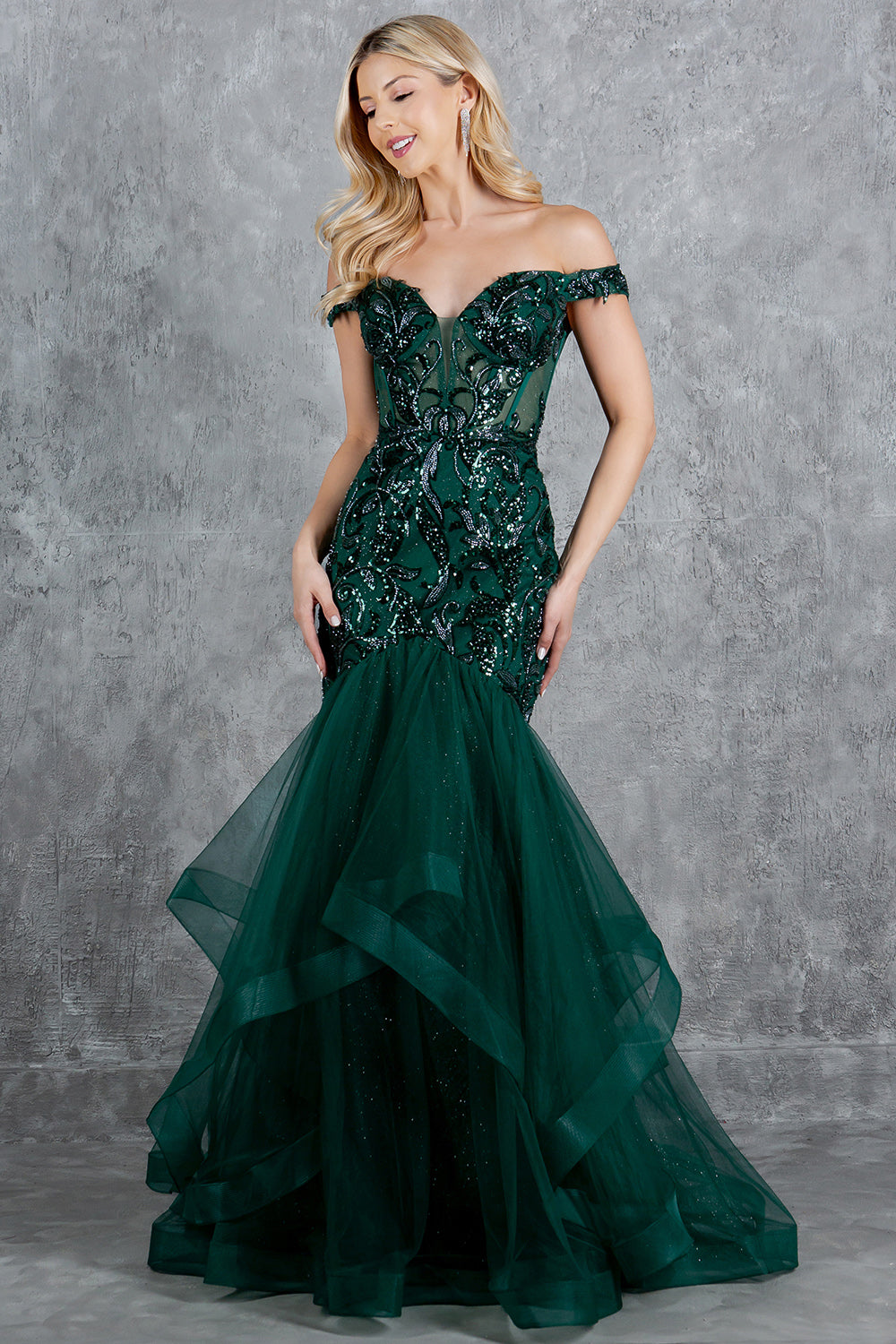 Sequin Embroidered Mermaid Gown, Off-the-Shoulder Elegance - 8274J