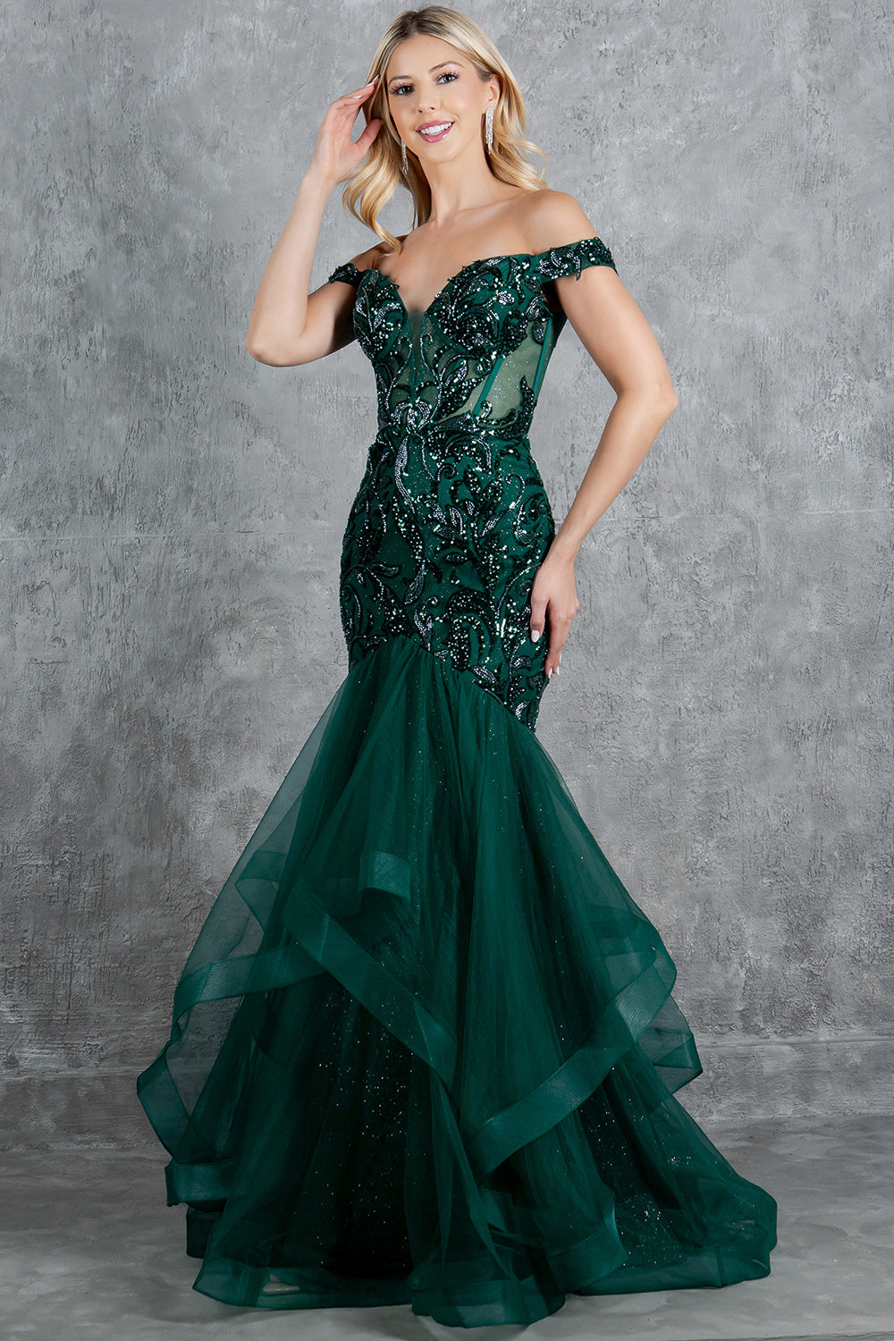 Sequin Embroidered Mermaid Gown, Off-the-Shoulder Elegance - 8274J