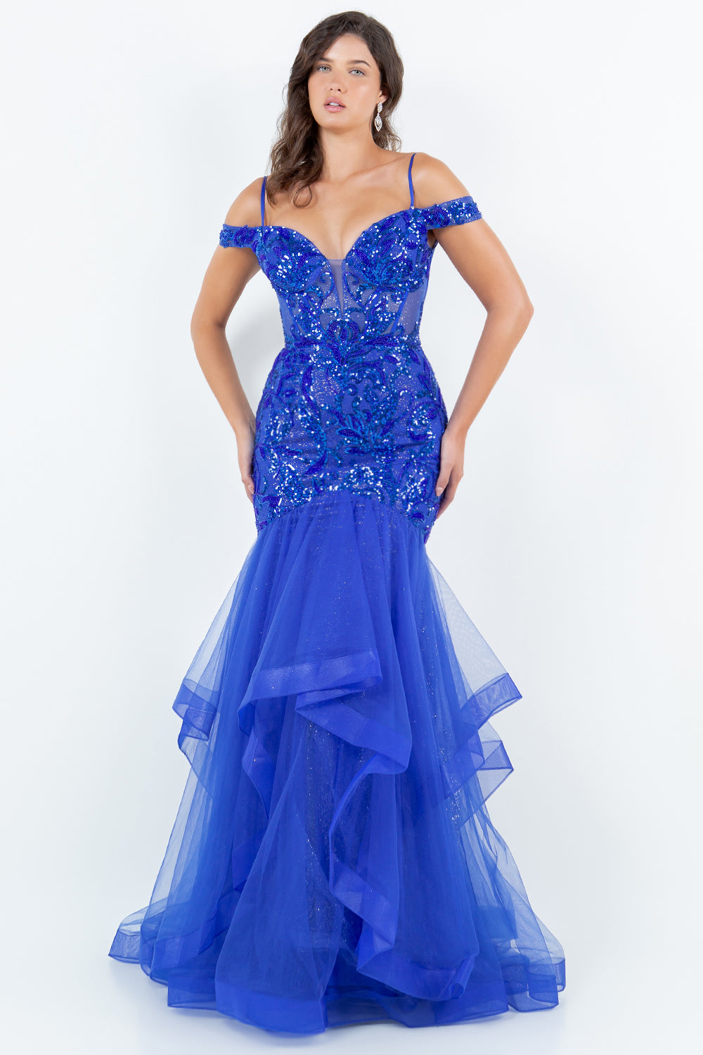 Sequin Embroidered Mermaid Gown, Off-the-Shoulder Elegance - 8274J