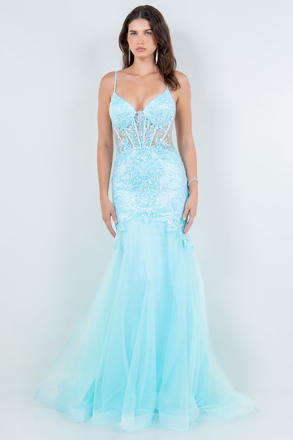 Lace Embellished Mermaid Gown with Sheer Illusion Bodice - 8276J