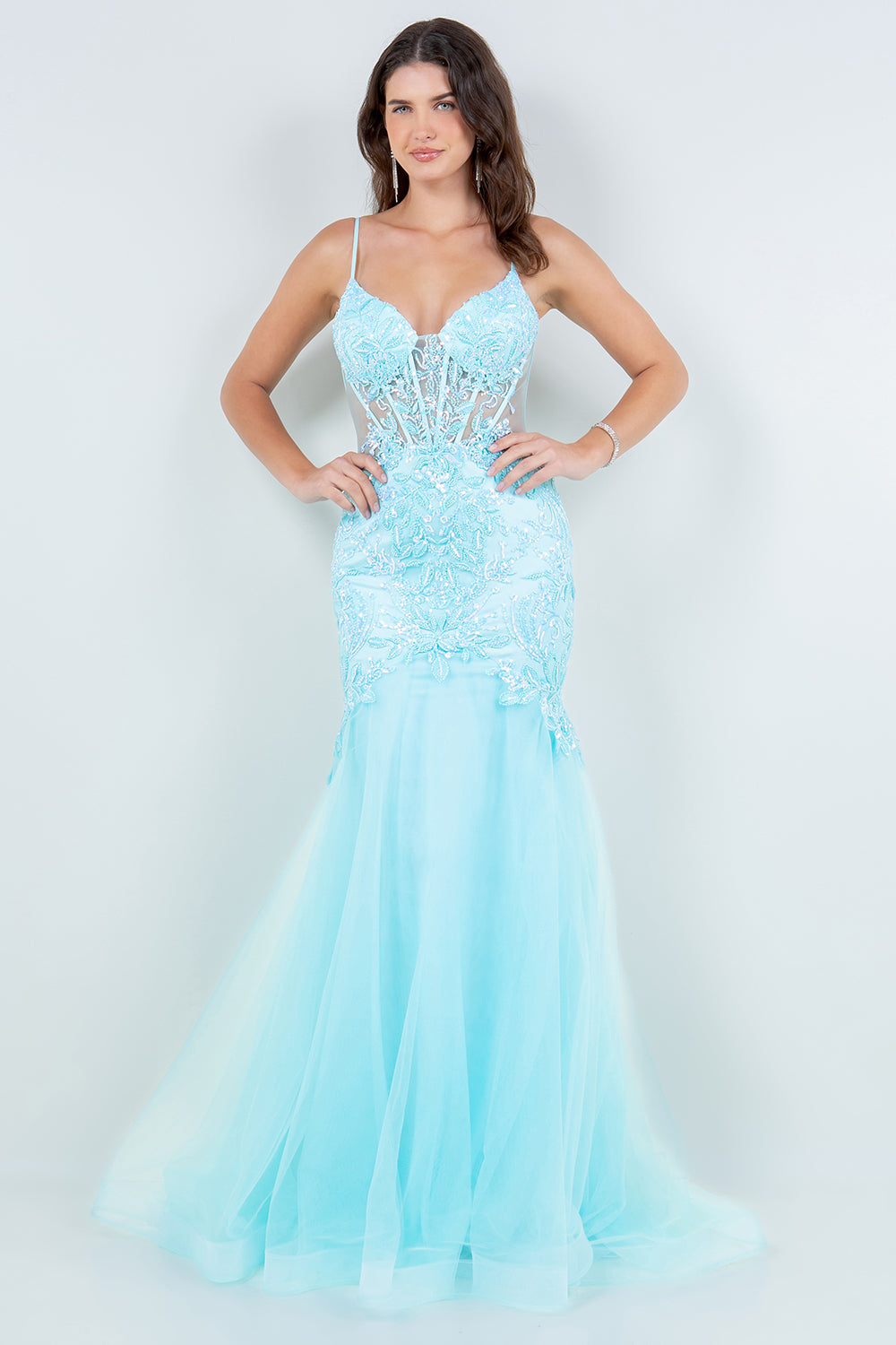 Lace Embellished Mermaid Gown with Sheer Illusion Bodice - 8276J