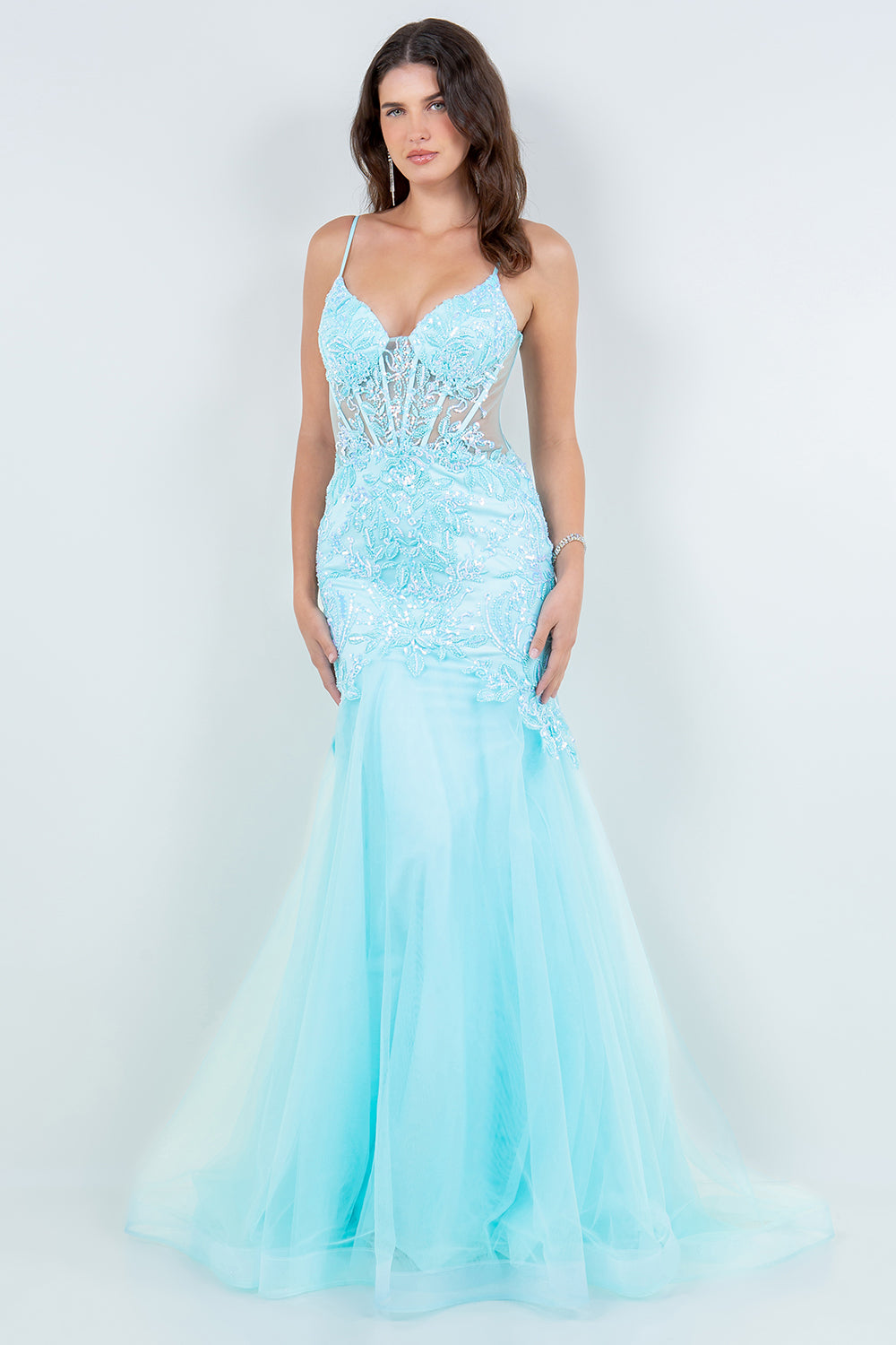Lace Embellished Mermaid Gown with Sheer Illusion Bodice - 8276J