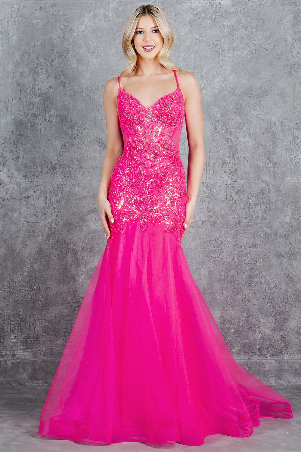 Lace Embellished Mermaid Gown with Sheer Illusion Bodice - 8276J