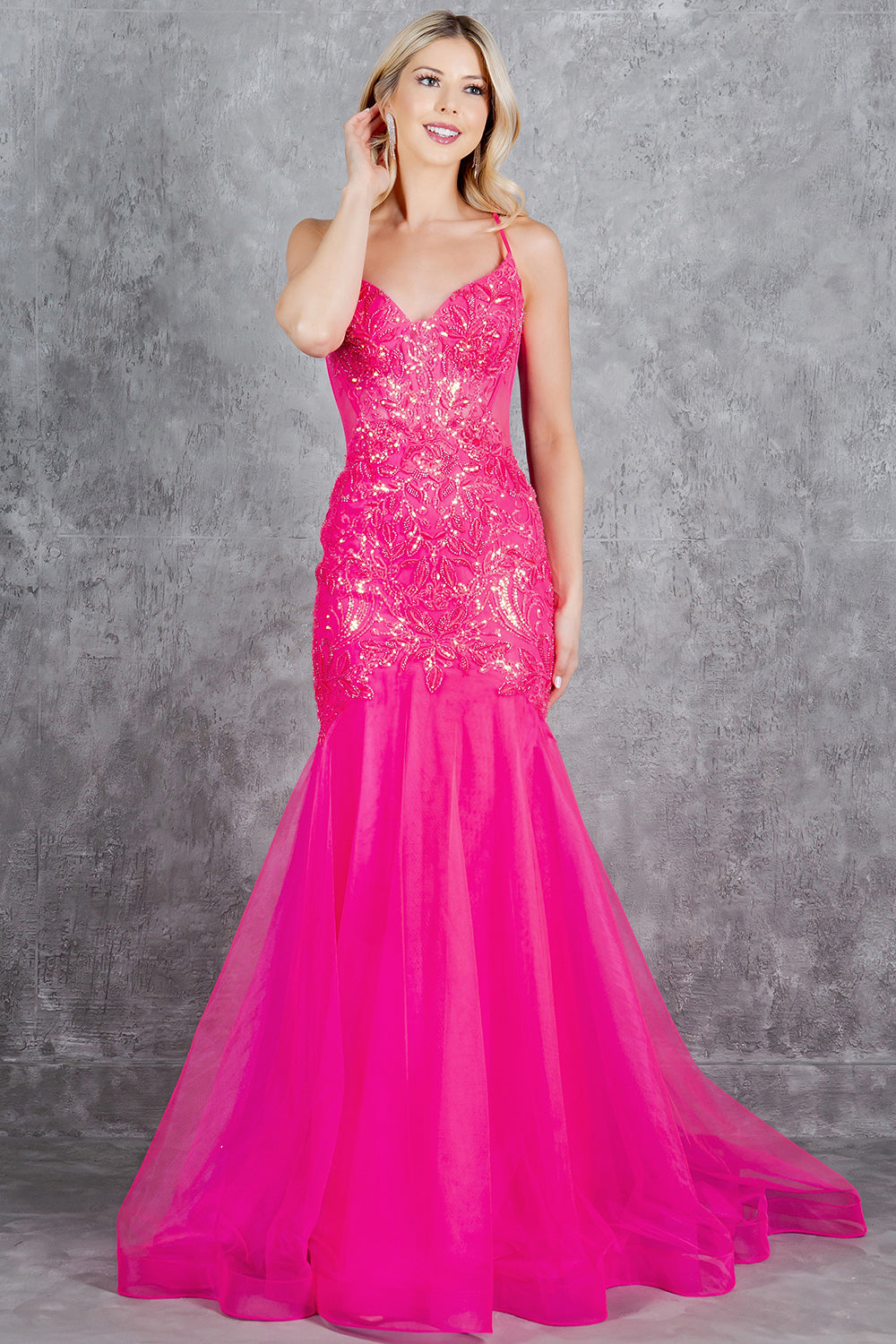 Lace Embellished Mermaid Gown with Sheer Illusion Bodice - 8276J