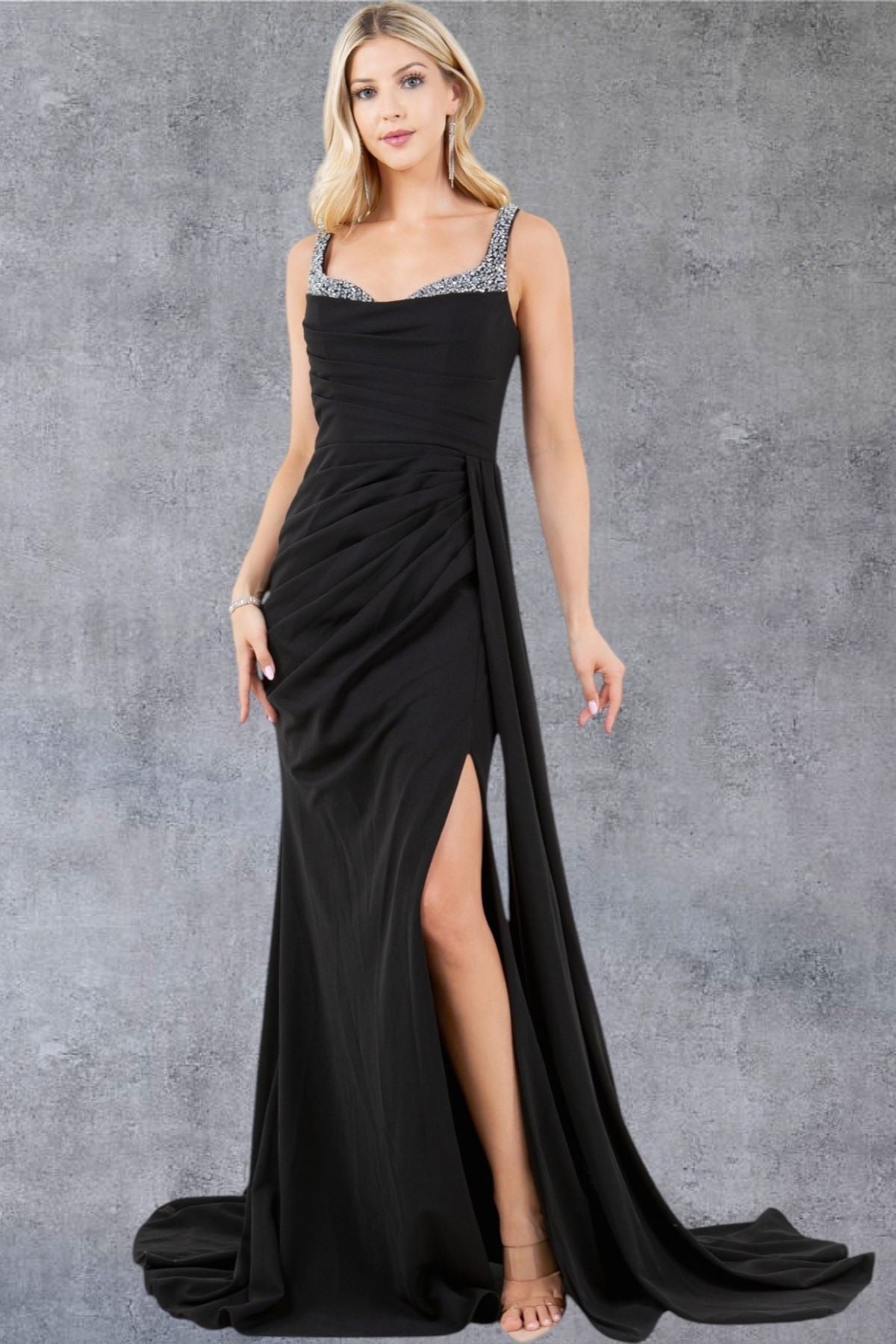 Embellished Strap Ruched Black Evening Gown - 8283J