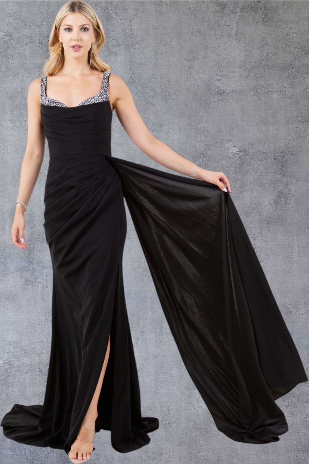 Embellished Strap Ruched Black Evening Gown - 8283J