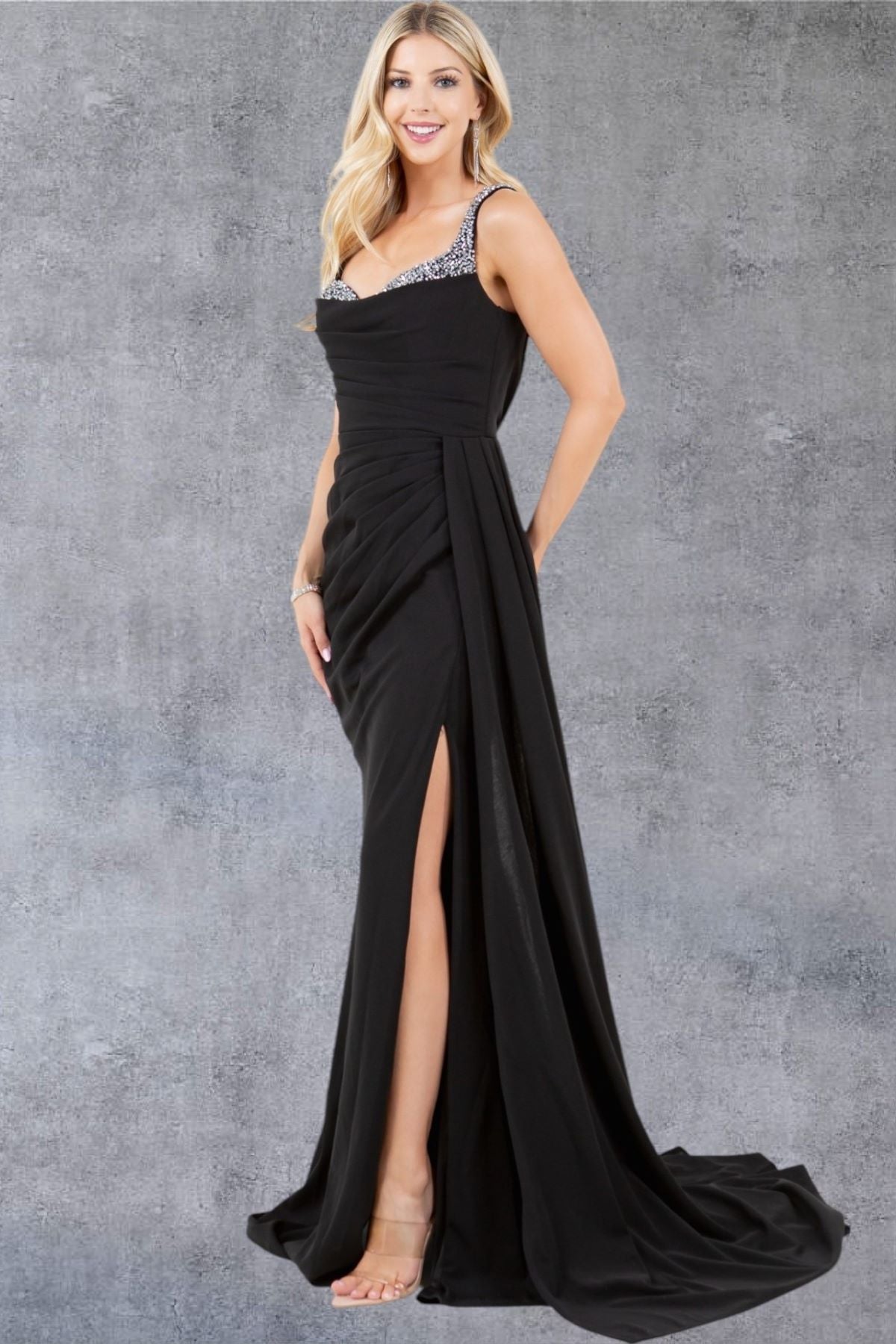 Embellished Strap Ruched Black Evening Gown - 8283J