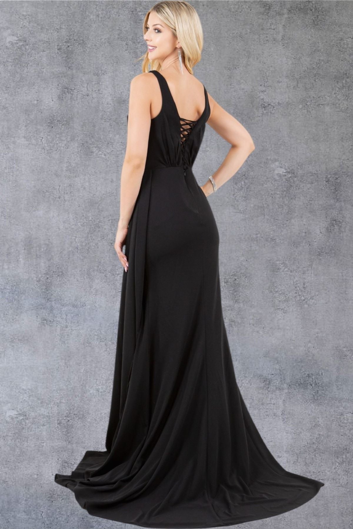 Embellished Strap Ruched Black Evening Gown - 8283J