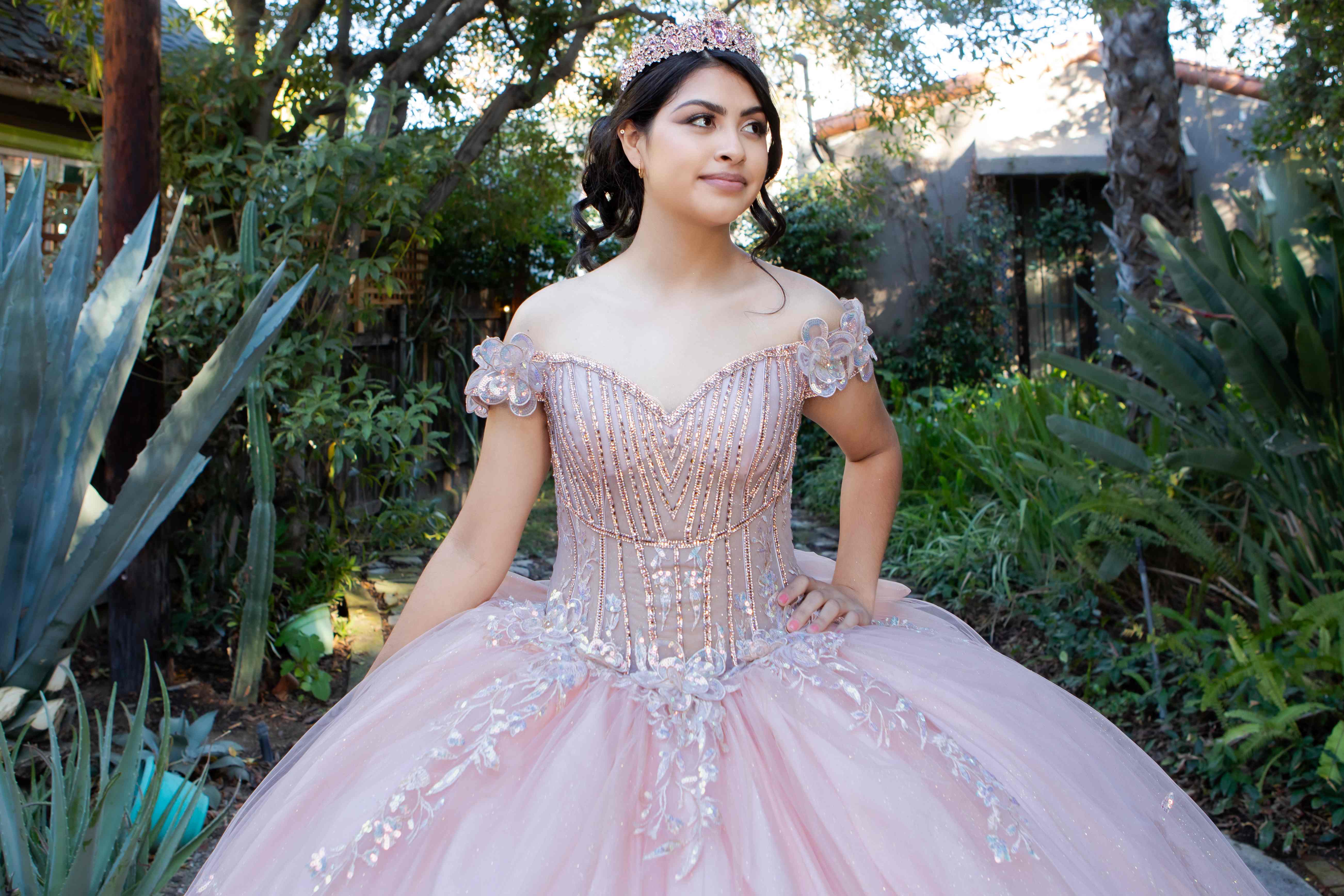 Enchanting Quinceañera Gown with 3D Floral Appliqués and Beaded Corset Bodice - 8370J