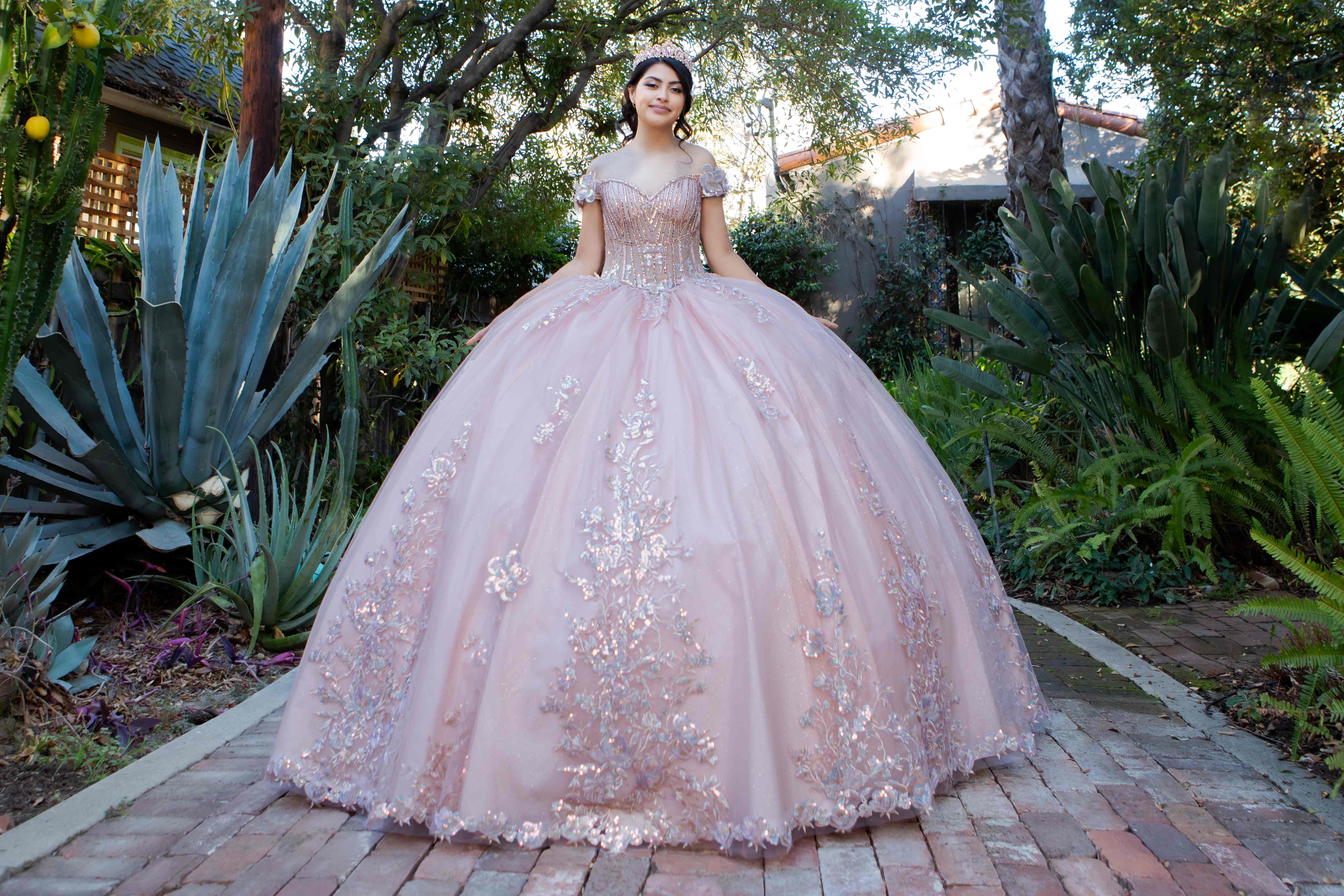 Enchanting Quinceañera Gown with 3D Floral Appliqués and Beaded Corset Bodice - 8370J