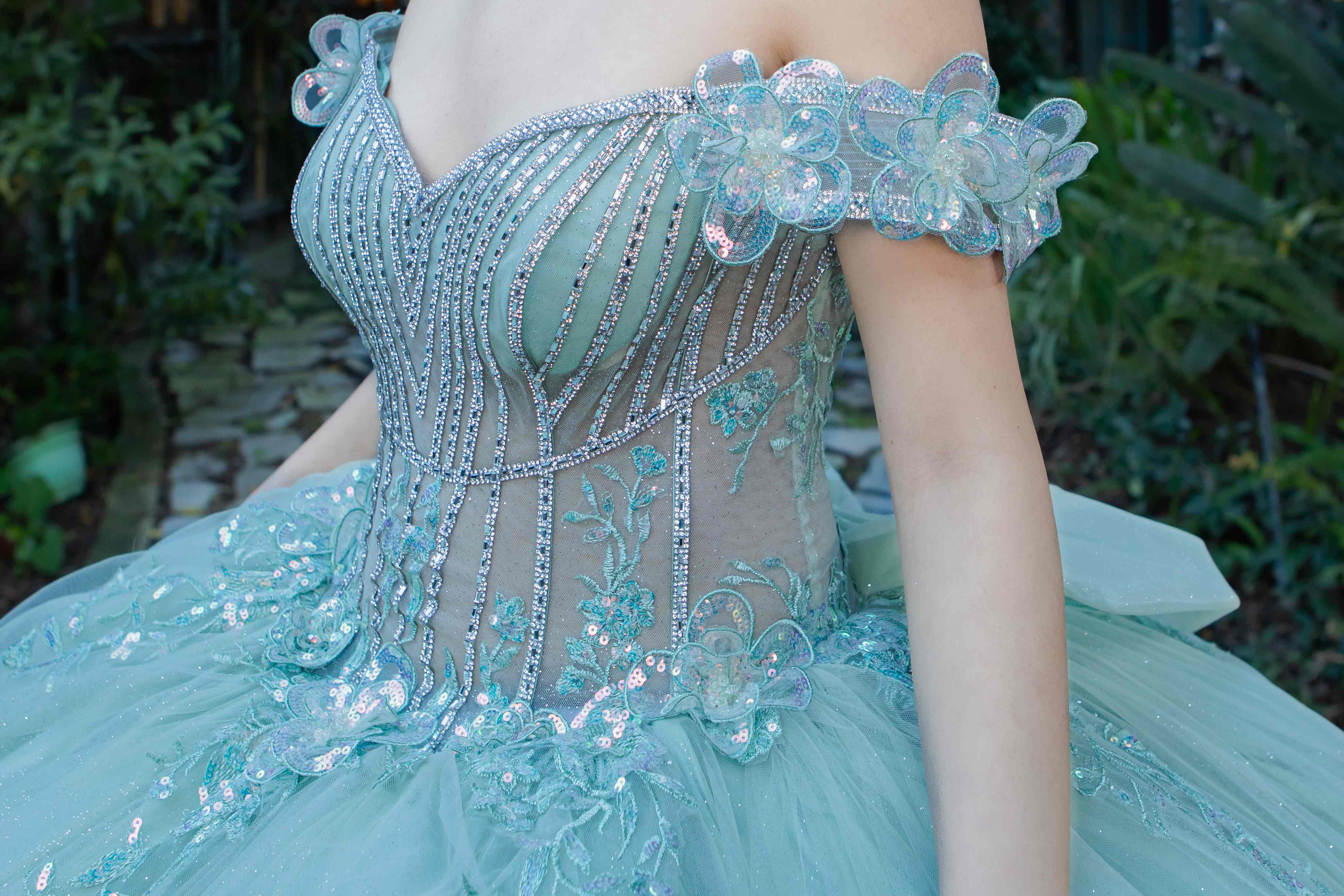 Enchanting Quinceañera Gown with 3D Floral Appliqués and Beaded Corset Bodice - 8370J