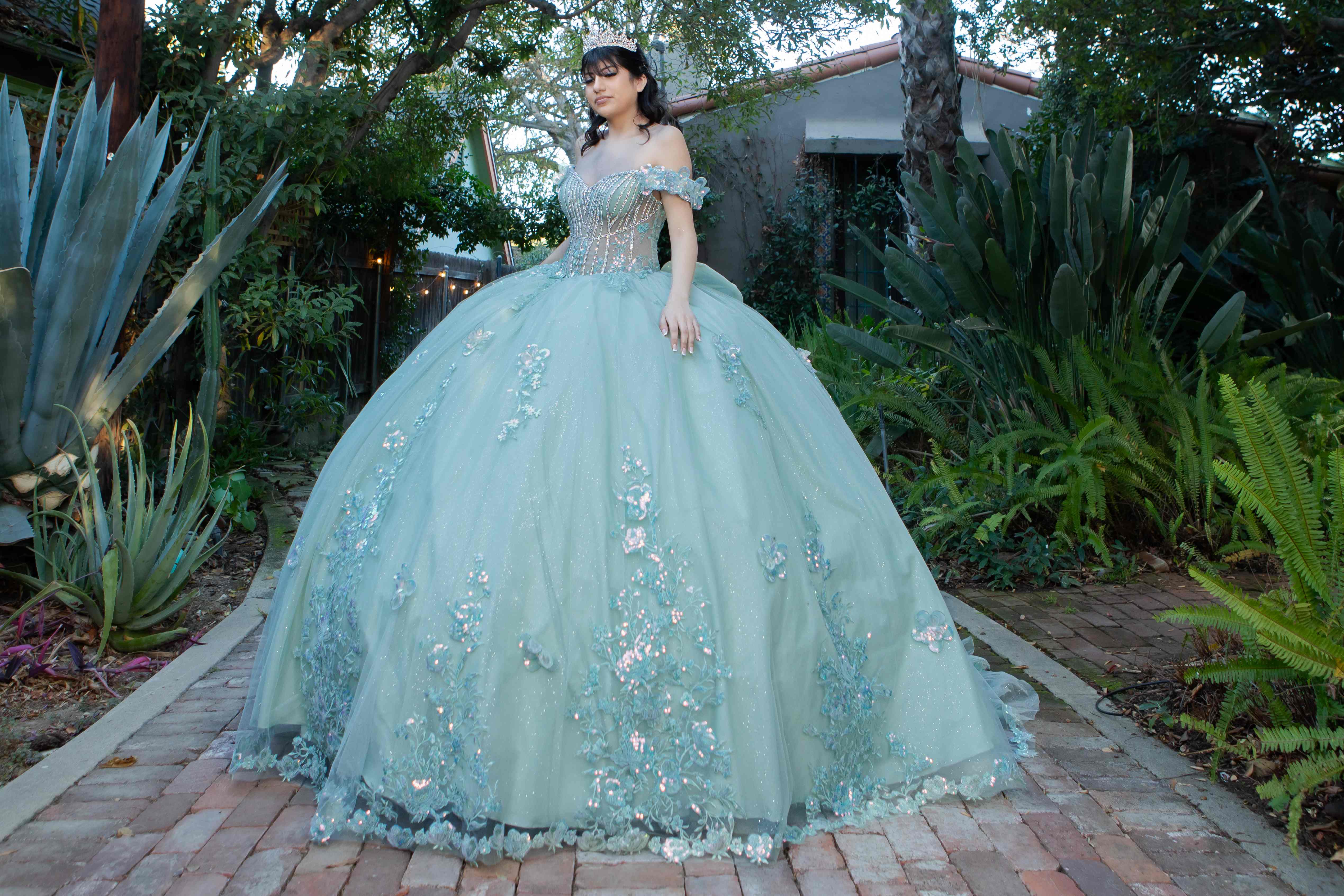 Enchanting Quinceañera Gown with 3D Floral Appliqués and Beaded Corset Bodice - 8370J