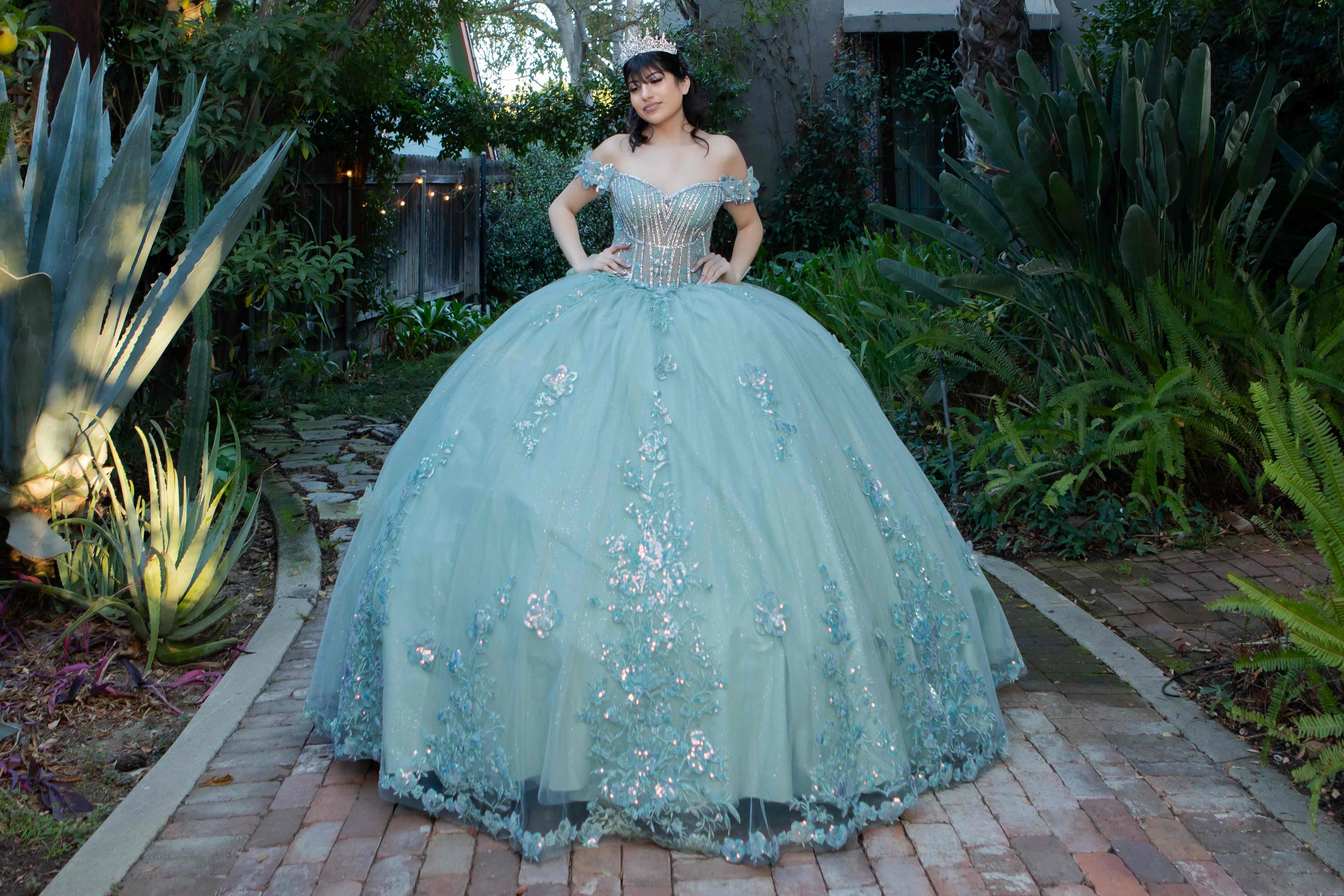 Enchanting Quinceañera Gown with 3D Floral Appliqués and Beaded Corset Bodice - 8370J